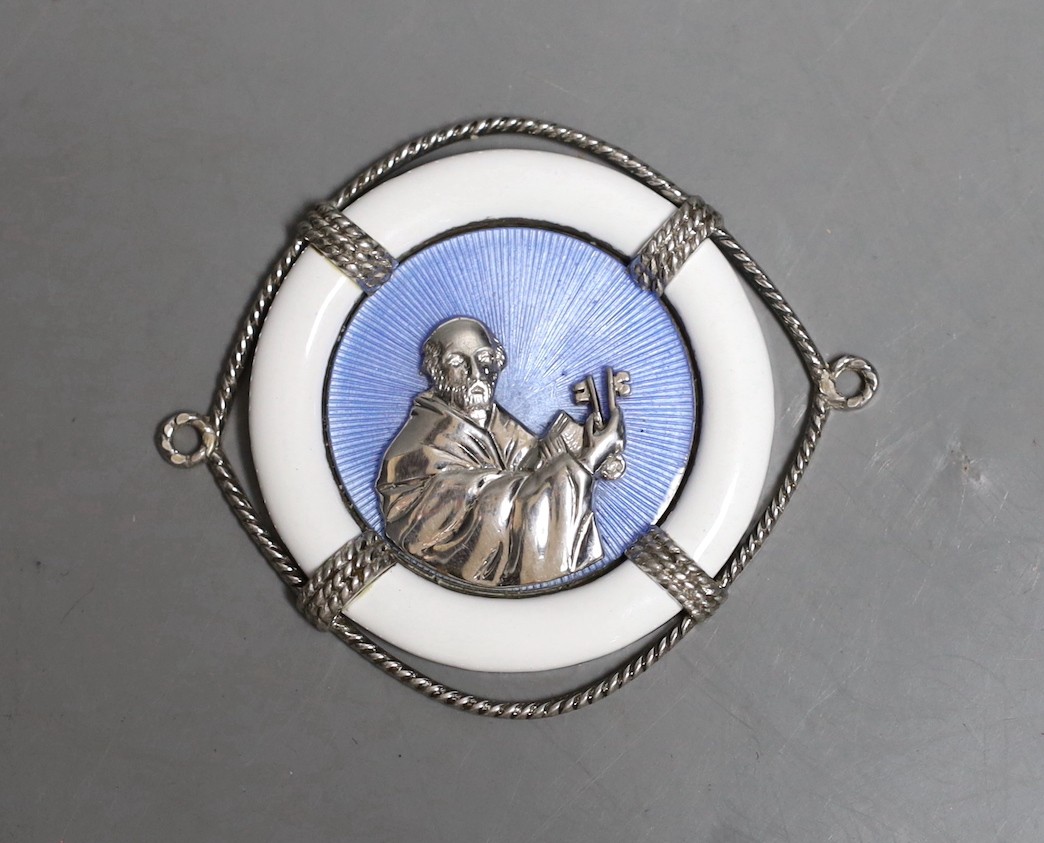 A modern silver and two colour enamel lifebuoy pendant, depicting St. Peter, maker J.W. Barrett & Sons Ltd, Birmingham, 1989, retailed by Asprey, 66mm.
